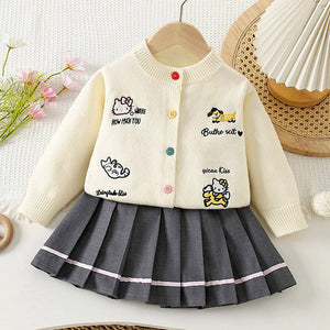 Cat - Dog Print Cream Cardigan and Pleated Skirt Winterwear 2Pcs set for Girls - 2 - 3 Years Kids Clothing