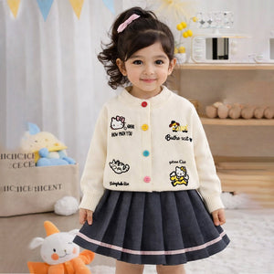 Cat - Dog Print Cream Cardigan and Pleated Skirt Winterwear 2Pcs set for Girls - 2 - 3 Years Kids Clothing