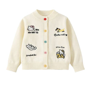 Cat - Dog Print Cream Cardigan and Pleated Skirt Winterwear 2Pcs set for Girls - 2 - 3 Years Kids Clothing
