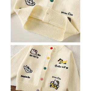 Cat - Dog Print Cream Cardigan and Pleated Skirt Winterwear 2Pcs set for Girls - 2 - 3 Years Kids Clothing