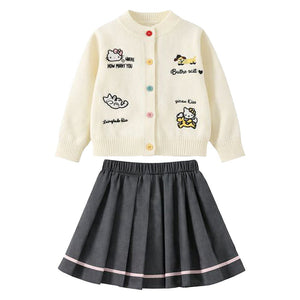 Cat - Dog Print Cream Cardigan and Pleated Skirt Winterwear 2Pcs set for Girls - 2 - 3 Years Kids Clothing