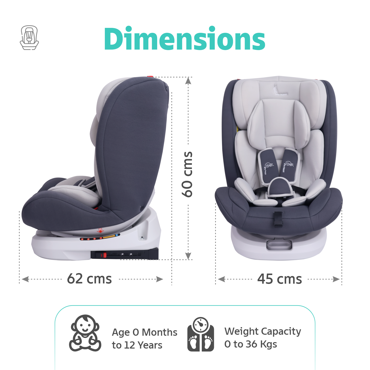 R for Rabbit Jack N Jill Grand ISOFIX Convertible Baby Car Seat for Kids- Grey