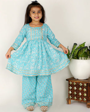 Celeste Blue Floral Embroidered Girls Anarkali Kurta Set - KP-CLSBF-6-12