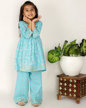 Celeste Blue Floral Embroidered Girls Anarkali Kurta Set - KP-CLSBF-6-12