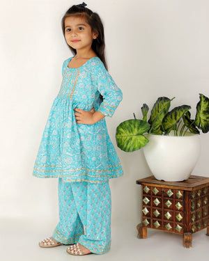 Celeste Blue Floral Embroidered Girls Anarkali Kurta Set - KP-CLSBF-6-12
