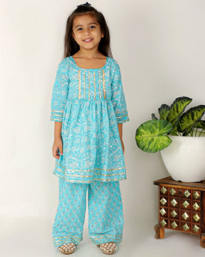 Celeste Blue Floral Embroidered Girls Anarkali Kurta Set - KP-CLSBF-6-12
