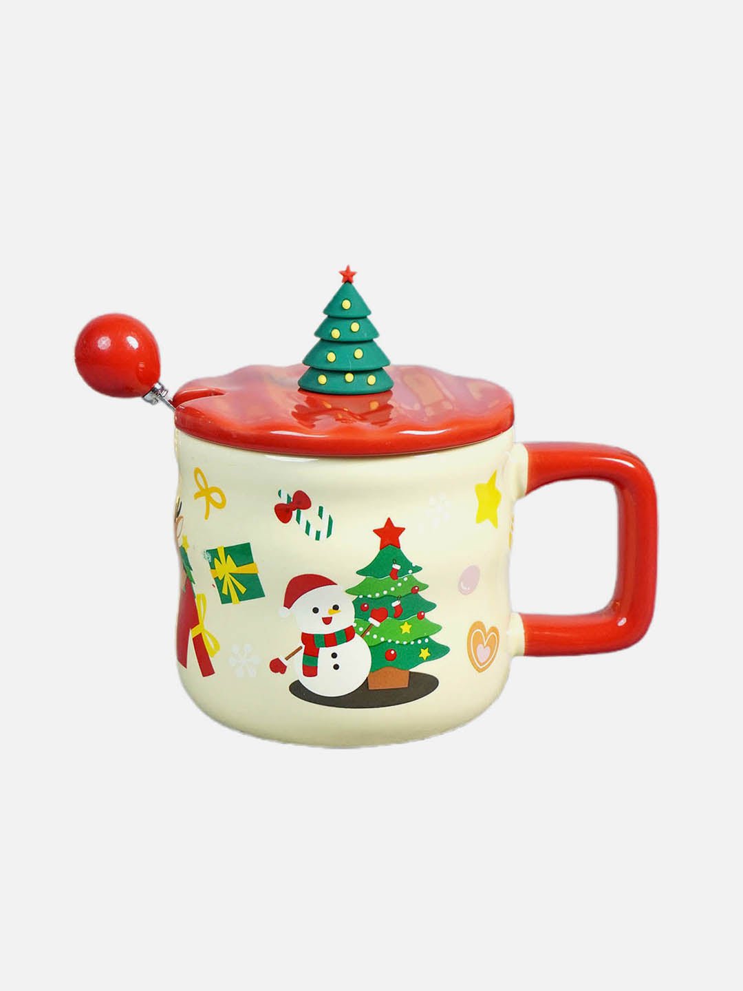 Ceramic Christmas Coffee & Hot Chocolate Mug With 3D Christmas Tree Lid & Stainless Steel Spoon - LSB - CMS - SNWMANTREE - MUG