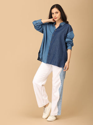 Blue Chambray Color Block Shirt - Women's Tops