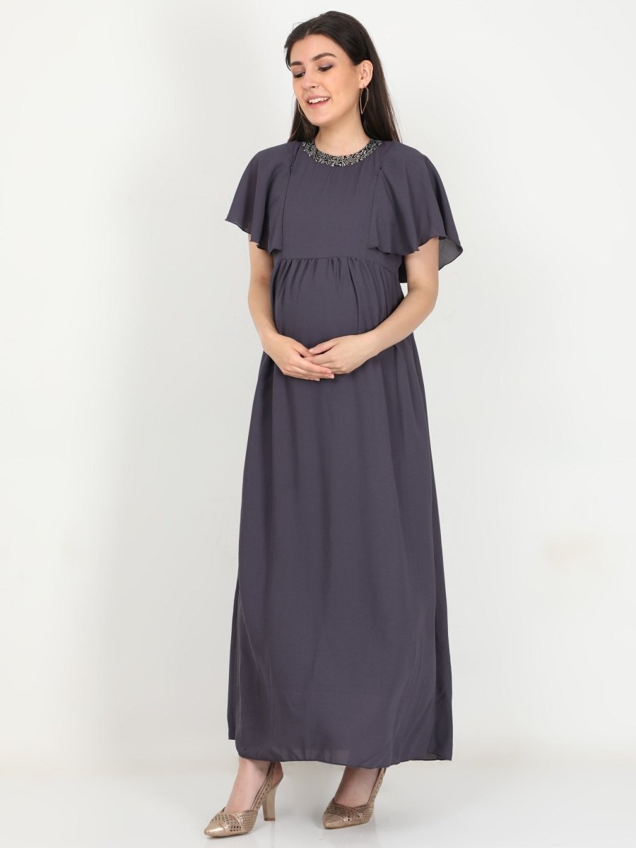 Charcoal Grey with Sequins Maternity Gown - DRS-CHGRY-S