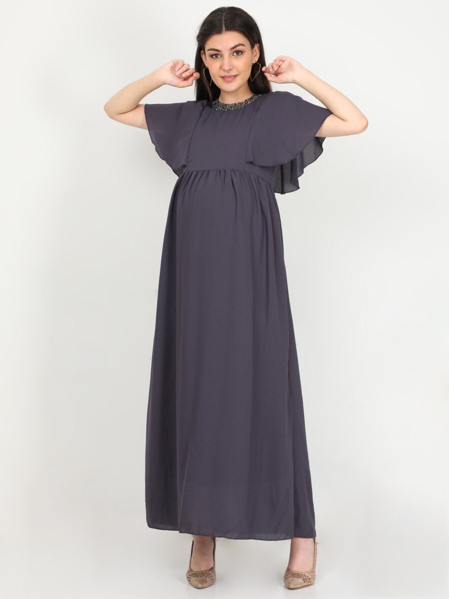 Charcoal Grey with Sequins Maternity Gown - DRS-CHGRY-S