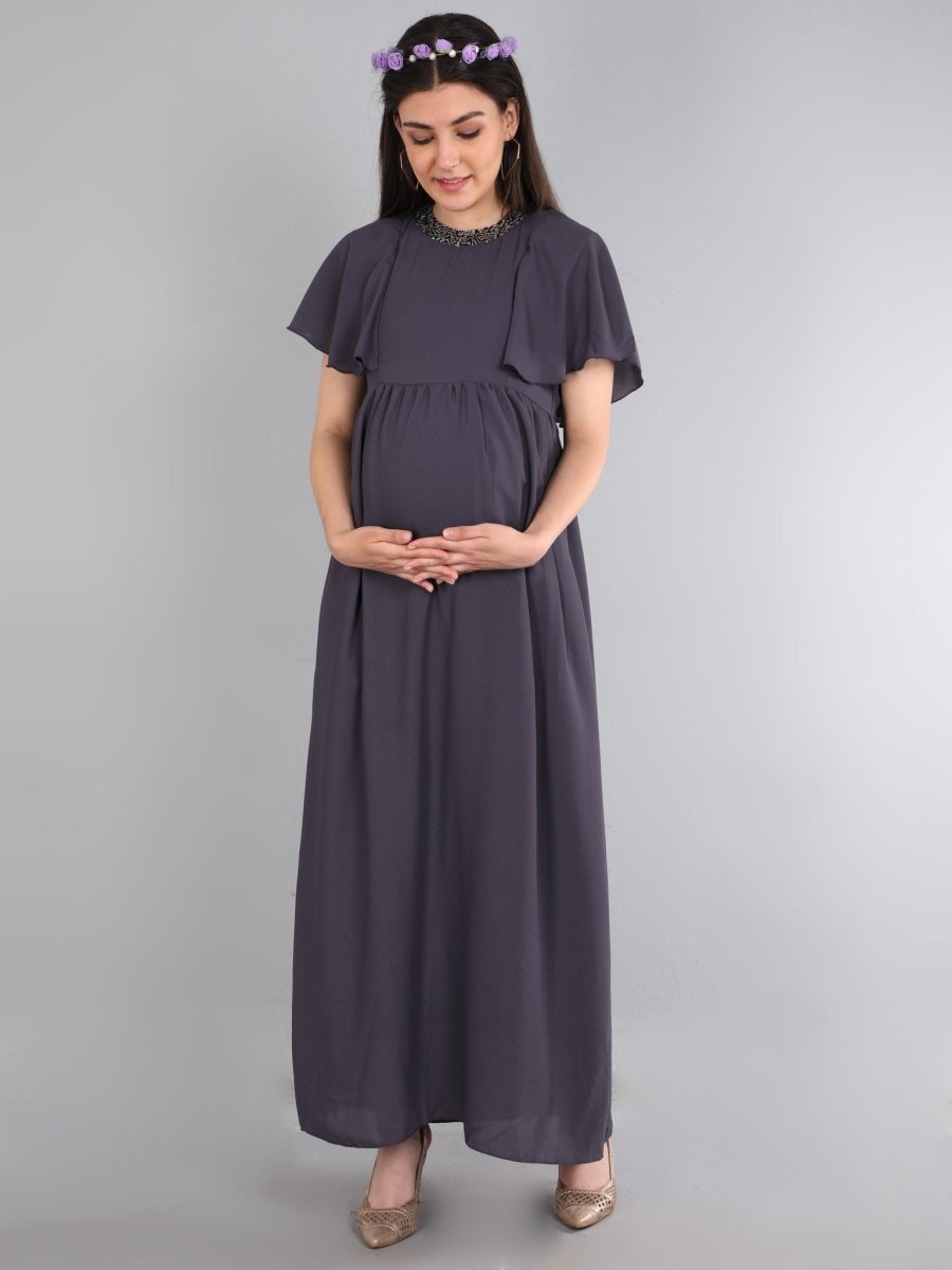 Charcoal Grey with Sequins Maternity Gown - DRS-CHGRY-S