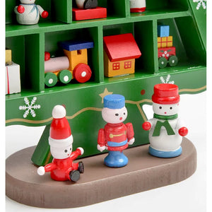 Checkered Shelf Green Wooden Christmas Tree with Mini Figurines - XMAS TABLE DECOR