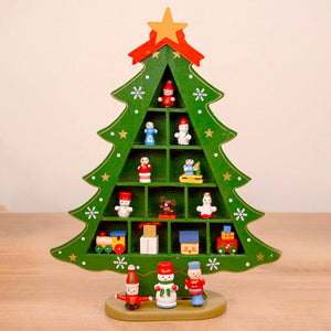 Checkered Shelf Green Wooden Christmas Tree with Mini Figurines - XMAS TABLE DECOR