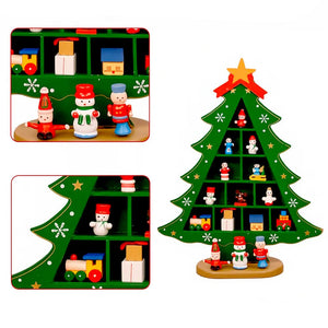 Checkered Shelf Green Wooden Christmas Tree with Mini Figurines - XMAS TABLE DECOR