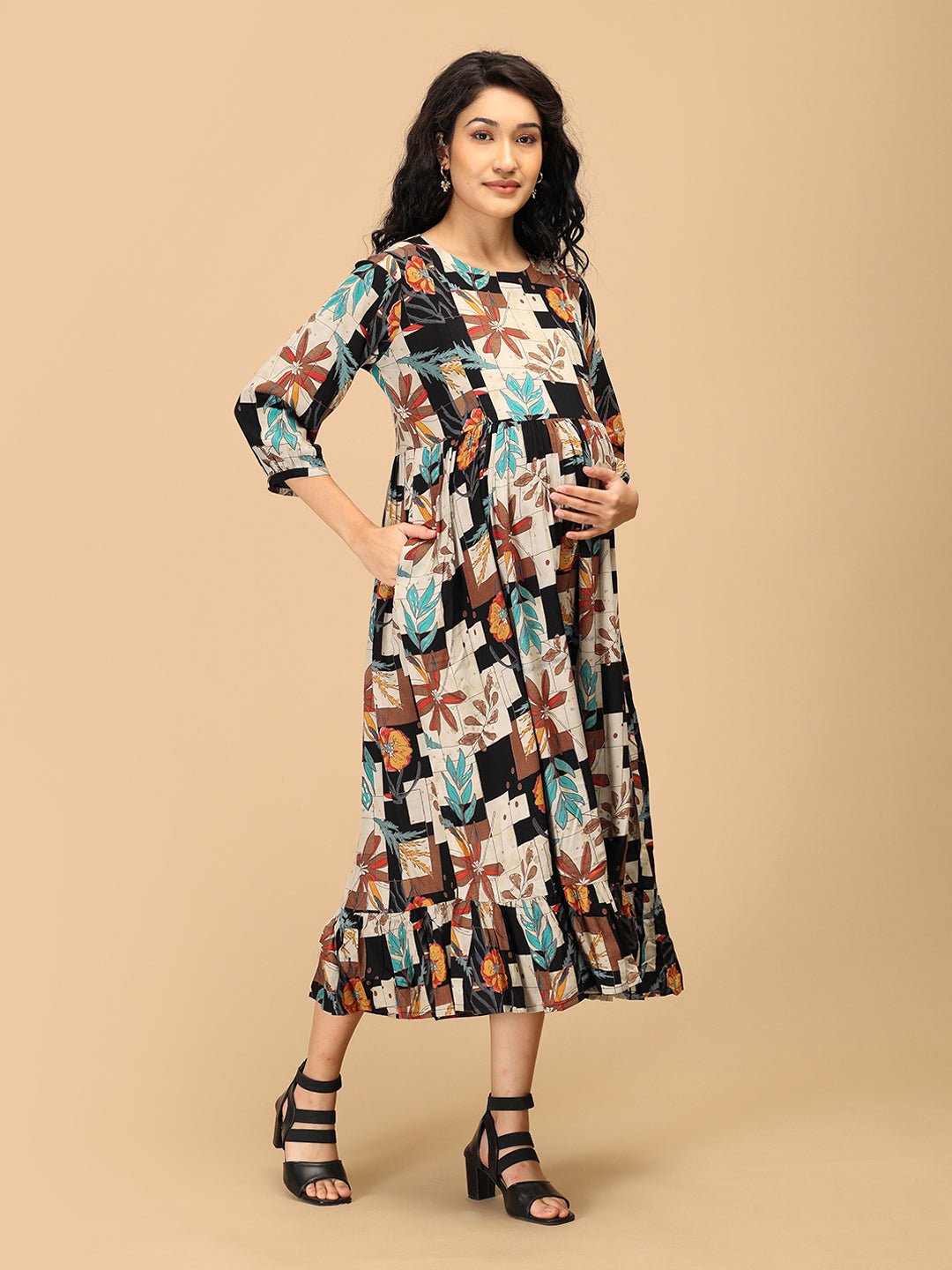 Front pose of The Mom Store Chic Collage maternity and nursing dress with 3/4 sleeves.