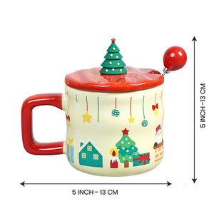 Chimney Santa themed Christmas Mug with 3d christmas tree Lid and Stainless Spoon. - Christmas