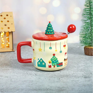 Chimney Santa themed Christmas Mug with 3d christmas tree Lid and Stainless Spoon. - Christmas