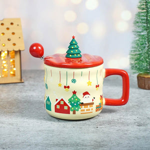 Chimney Santa themed Christmas Mug with 3d christmas tree Lid and Stainless Spoon. - Christmas