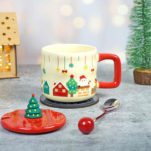Chimney Santa themed Christmas Mug with 3d christmas tree Lid and Stainless Spoon. - Christmas