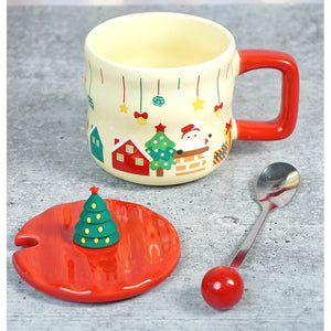 Chimney Santa themed Christmas Mug with 3d christmas tree Lid and Stainless Spoon. - Christmas