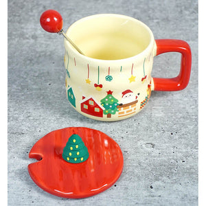 Chimney Santa themed Christmas Mug with 3d christmas tree Lid and Stainless Spoon. - Christmas