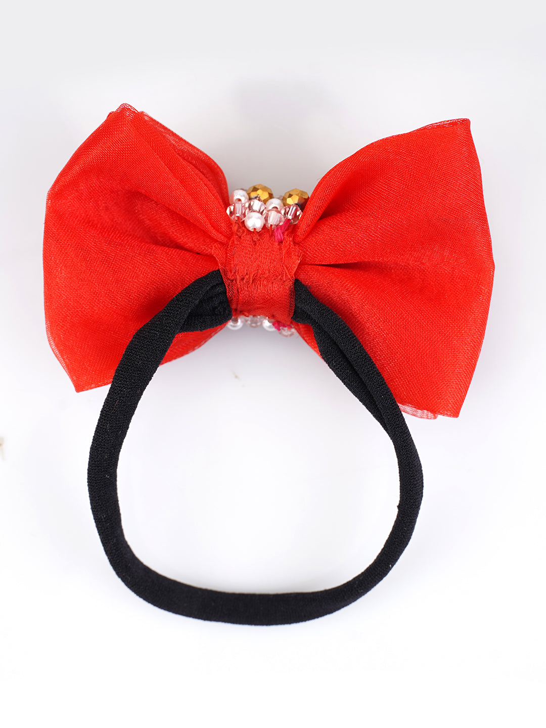 CHOKO Adjustable Bow Hair Band with Pearls and Silver Crystals - Red