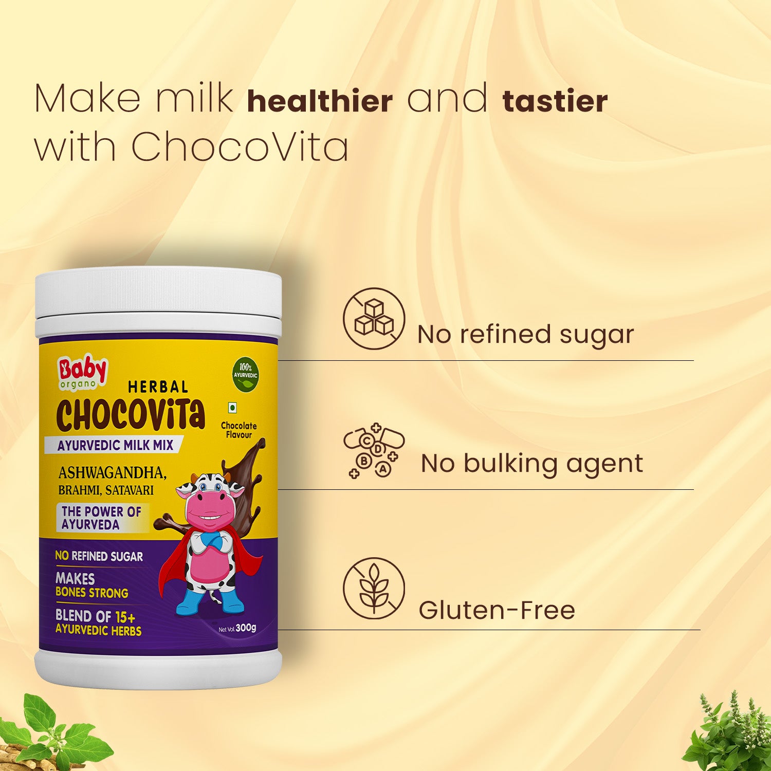 Baby Organo Herbal Chocovita 100% Ayurvedic Health Drink Mix Powder for Kids | Height, Weight Gain Support 300gm (Chocolate)