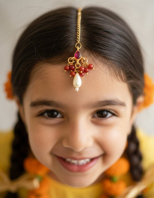 Choko 3 - Piece Kundan Maangtikka Set for Girls & Kids - Multicolour Beads & Pearl Drop - Kids Jewellery