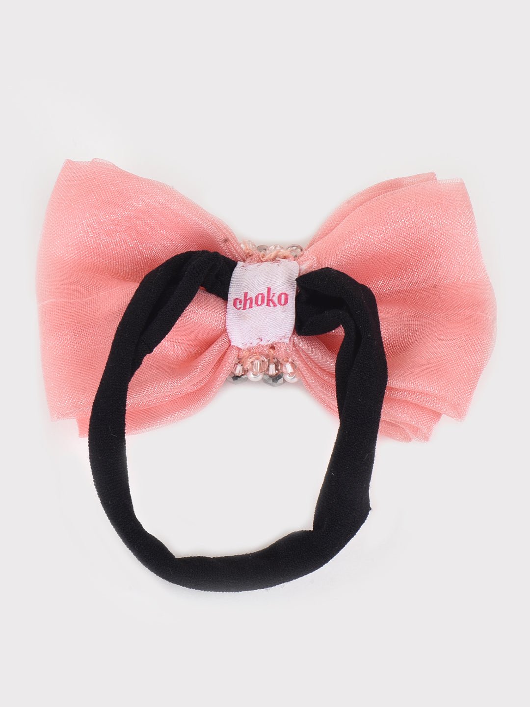 CHOKO Adjustable Bow Hair Band with Pearls and Silver Crystals - Peach - CHK203NBPEA
