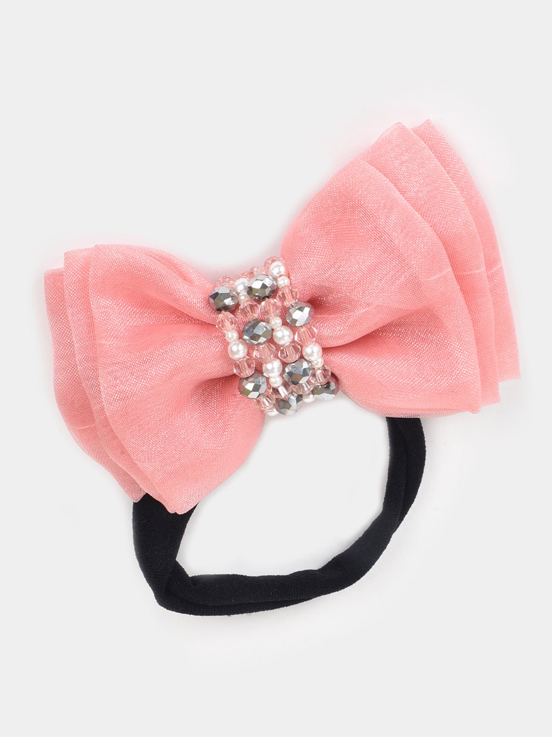 CHOKO Adjustable Bow Hair Band with Pearls and Silver Crystals - Peach - CHK203NBPEA