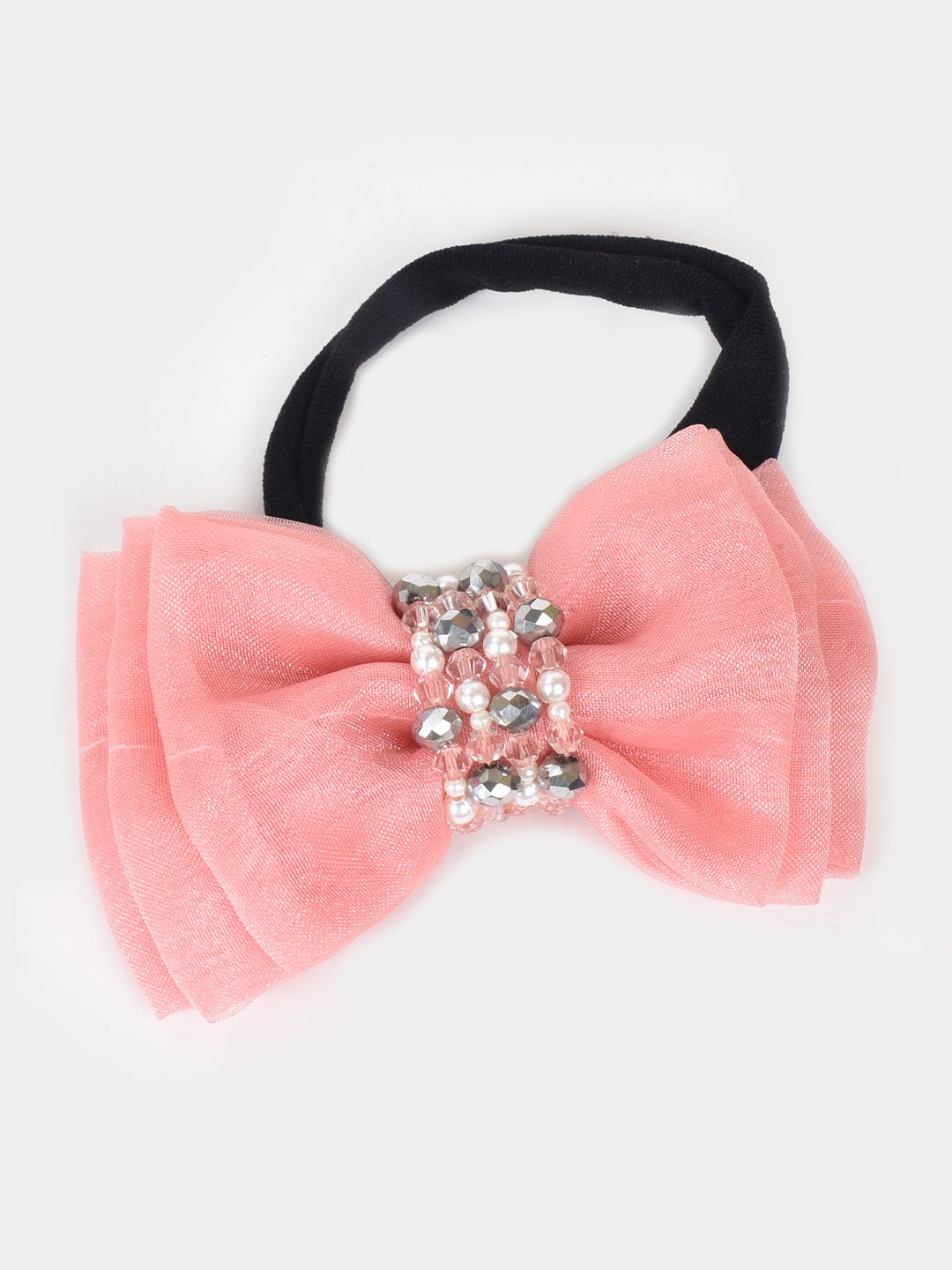 CHOKO Adjustable Bow Hair Band with Pearls and Silver Crystals - Peach - CHK203NBPEA