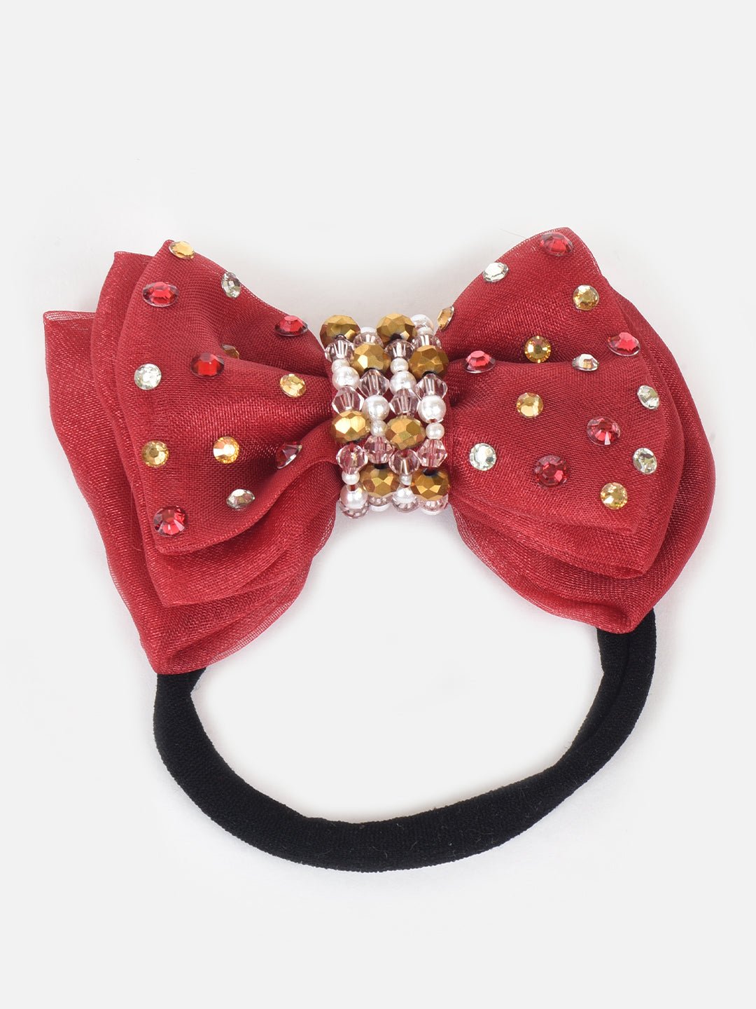 CHOKO Adjustable Bow Hair Band with Pearls and Silver Crystals - Red - CHK203MDOT
