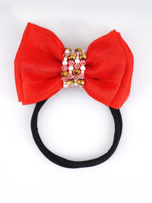 CHOKO Adjustable Bow Hair Band with Pearls and Silver Crystals - Red - CHK203NBR
