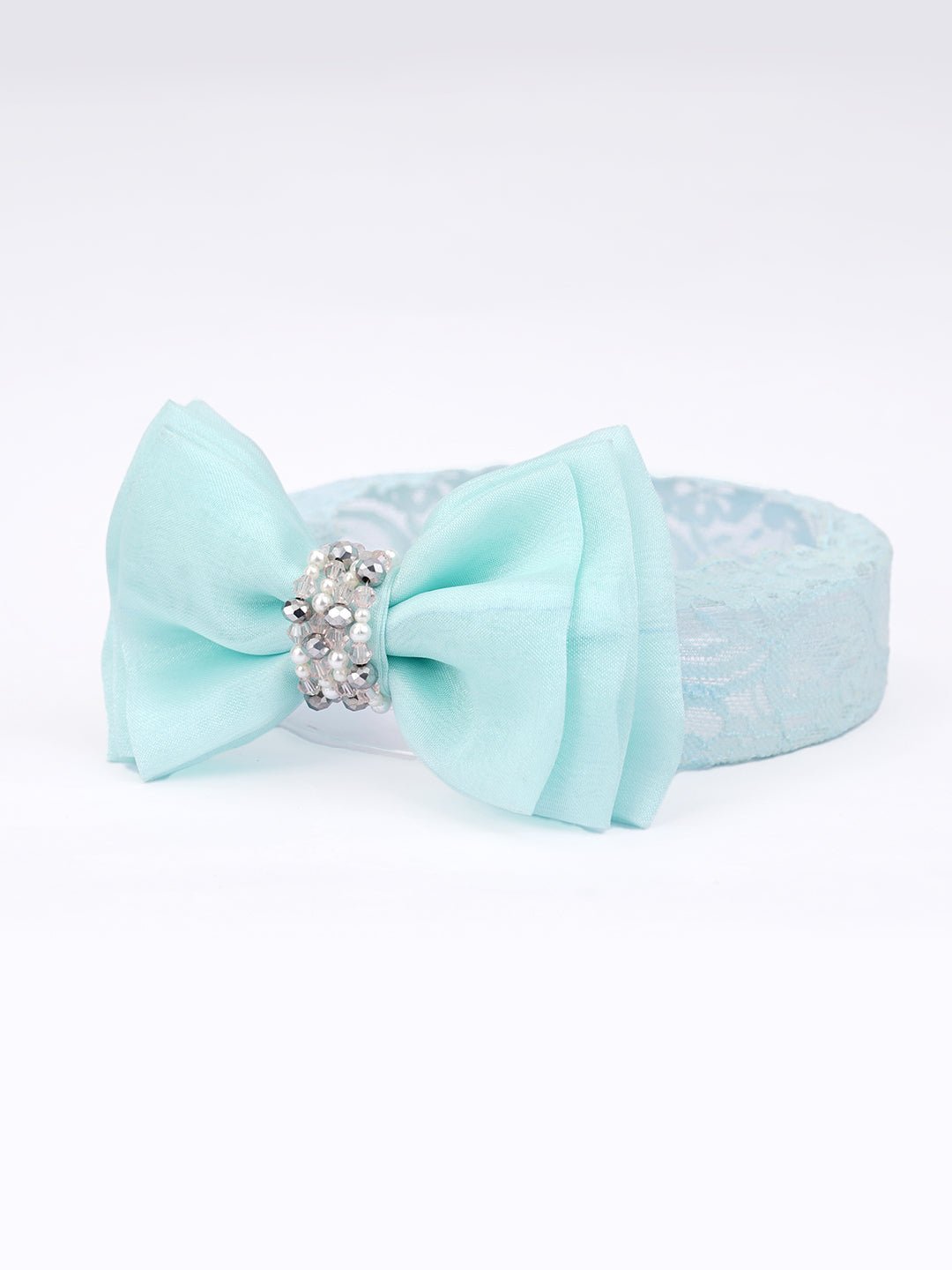 CHOKO Adjustable Lace Bow Hair Band with Pearls and Silver Crystals - Baby Blue - CHK203C