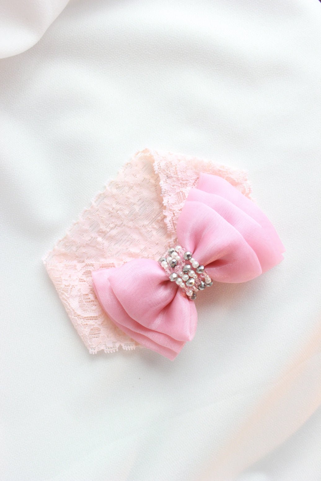 CHOKO Adjustable Lace Bow Hair Band with Pearls and Silver Crystals - Pink - CHK203B