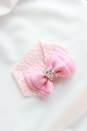 CHOKO Adjustable Lace Bow Hair Band with Pearls and Silver Crystals - Pink - CHK203B