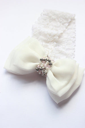 CHOKO Adjustable Lace Bow Hair Band with Pearls and Silver Crystals - White - CHK203D