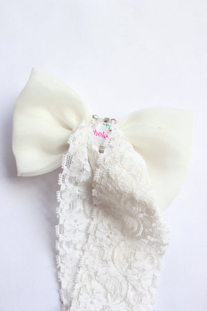 CHOKO Adjustable Lace Bow Hair Band with Pearls and Silver Crystals - White - CHK203D