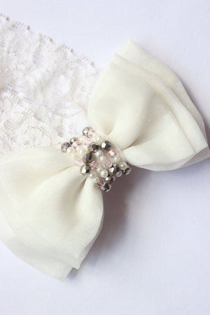 CHOKO Adjustable Lace Bow Hair Band with Pearls and Silver Crystals - White - CHK203D