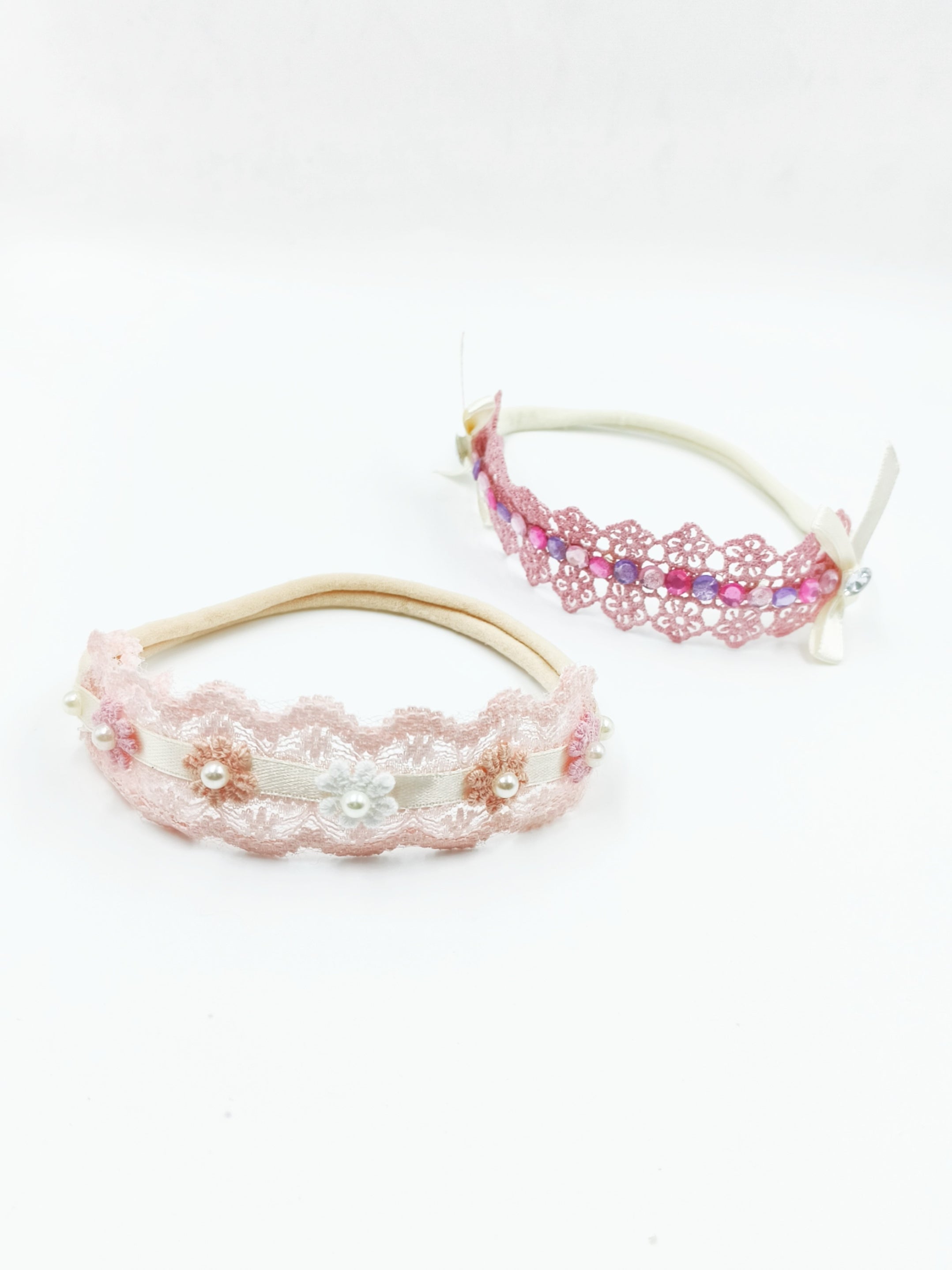 CHOKO - Babies Tulle Stretchable Headbands - Lace and Ribbon - Pink, White & Cream - CHK575