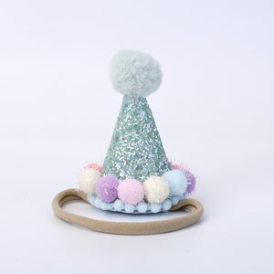 Choko Baby Girls Birthday Party Hat Headband - Blue Glitter Pom Poms | Kids Party Wear - Gift Hair Accessories