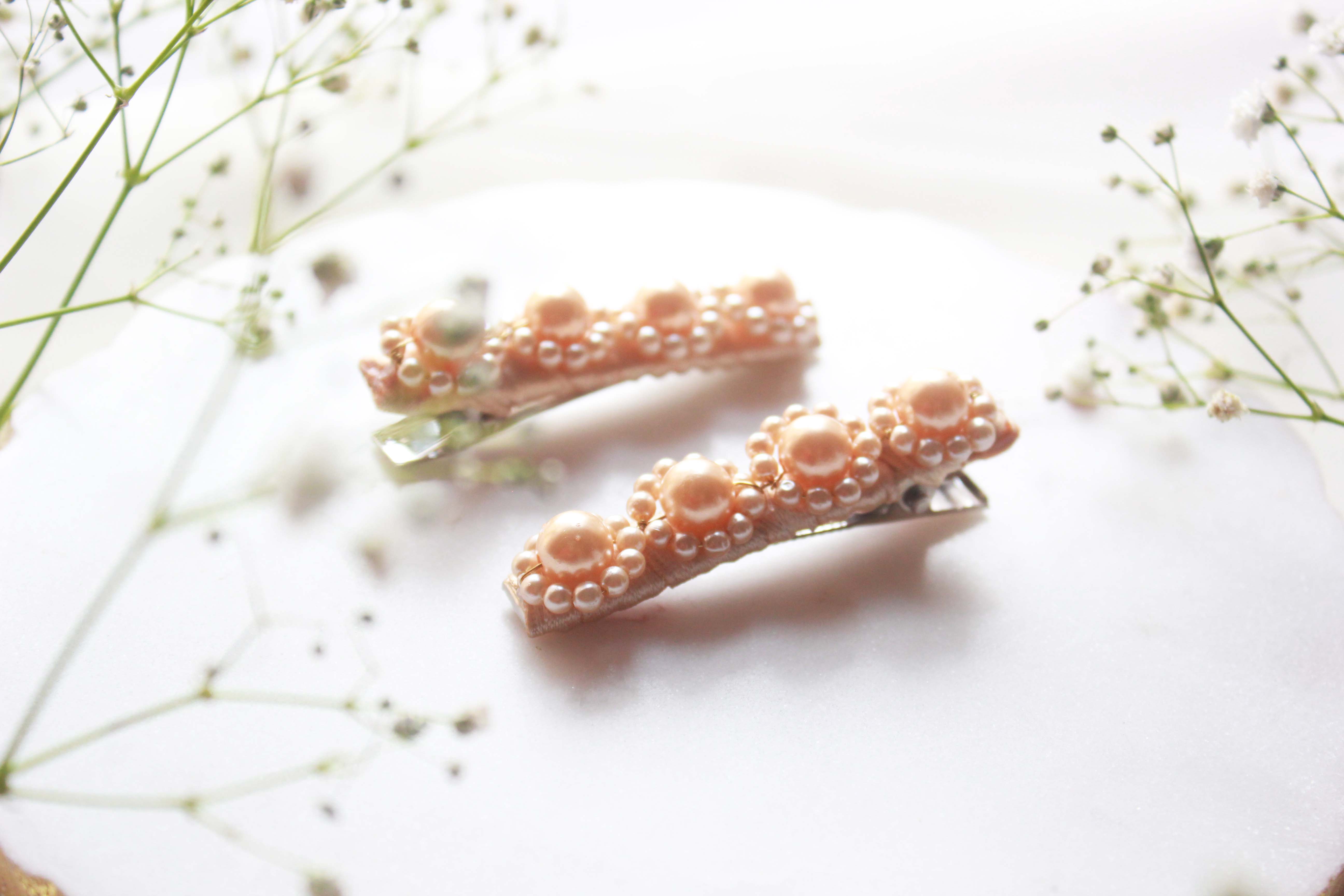 CHOKO Beige Embellished Floral Hairclips - (Set of 2) - Handmade - CHK209
