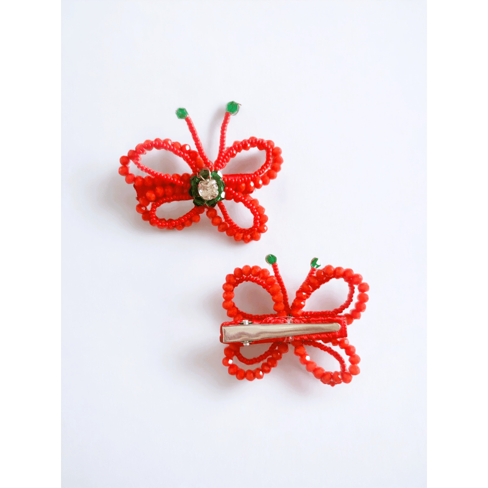 CHOKO Butterfly Beaded Hairclip - Red, Green - 240CHK31