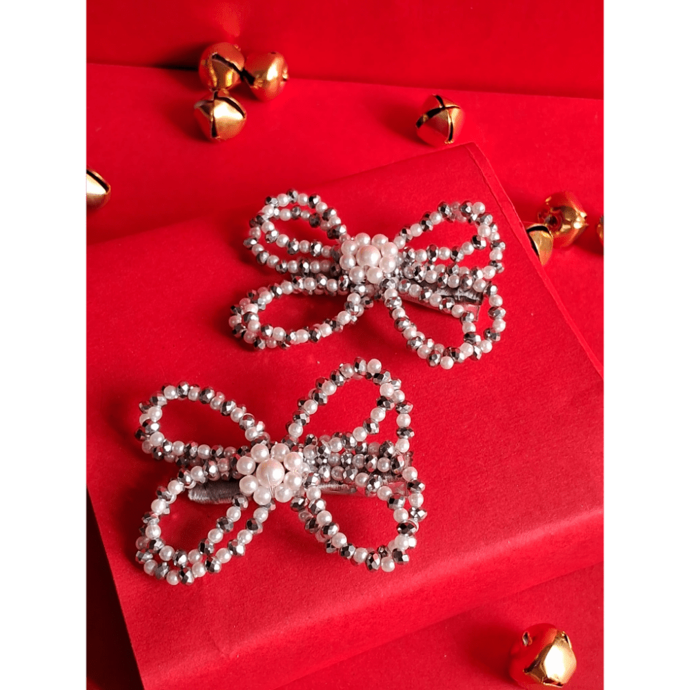 CHOKO Butterfly Beaded Hairclip - Silver, Off White - 240CHK33
