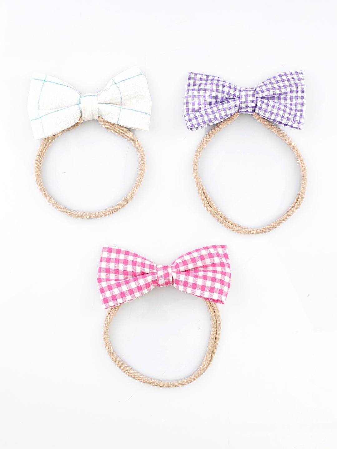 CHOKO Checkered Charm Bow Hair - Tie Set - Pastel Checks - Set of 3 (Purple, White, Pink) - 235CHK05