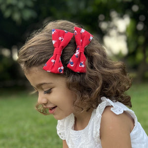 CHOKO Crimson Printed Fabric Bow Hairclip Set - Set of Two Hairclips (Red, Blue, White) - 235CHK07