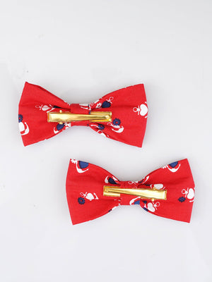 CHOKO Crimson Printed Fabric Bow Hairclip Set - Set of Two Hairclips (Red, Blue, White) - 235CHK07