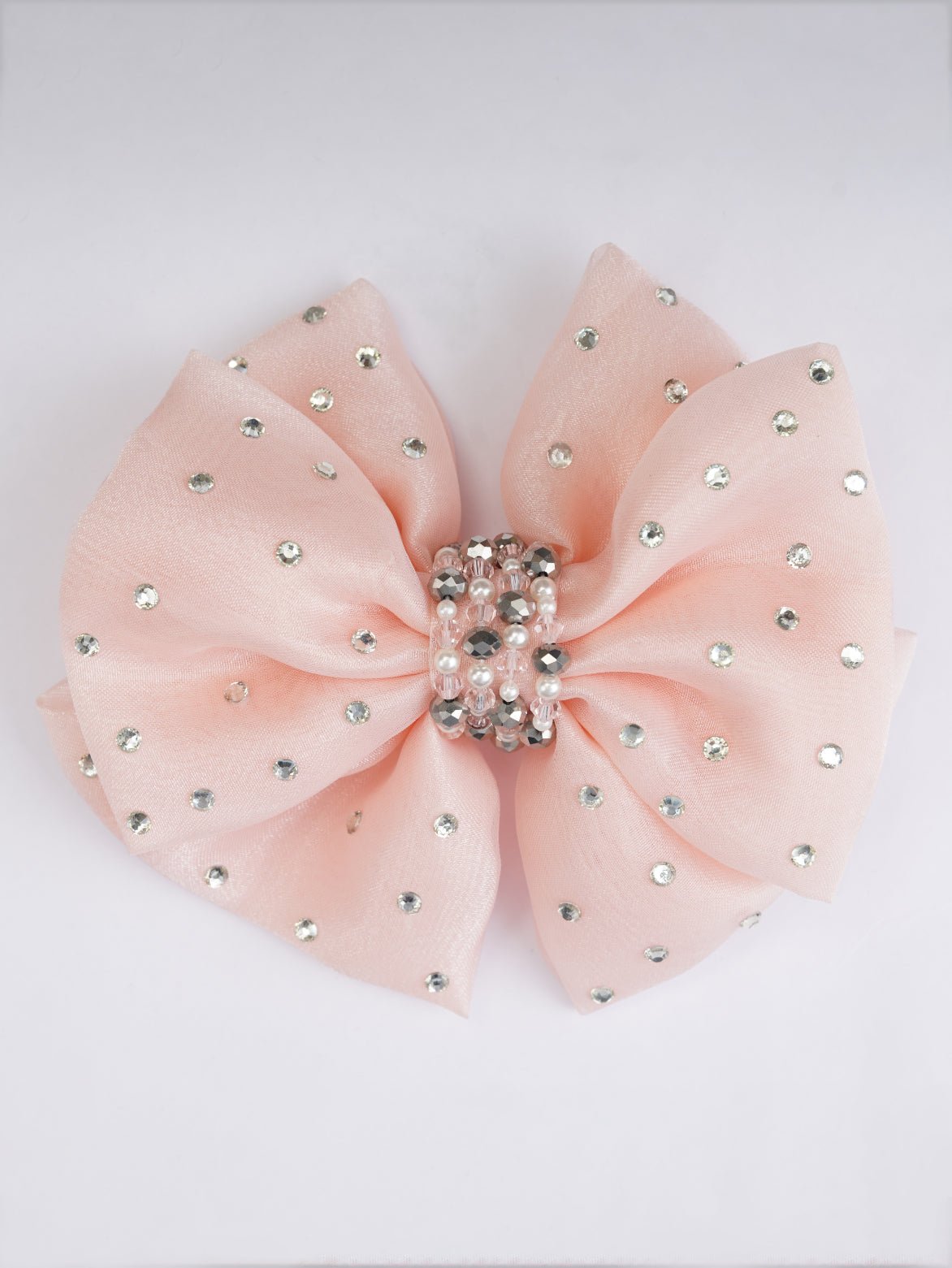 CHOKO Double Organza Bow Hairclip - Glass Crystal Bead Embellishments - Peach, OffWhite - 235CHK48