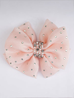 CHOKO Double Organza Bow Hairclip - Glass Crystal Bead Embellishments - Peach, OffWhite - 235CHK48