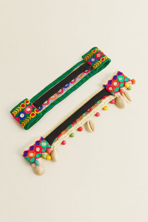 Choko Embroidered Hairband Set for Girls - 2 Pc Traditional with Mirror Work, Beads and Shells - Hair Accessories